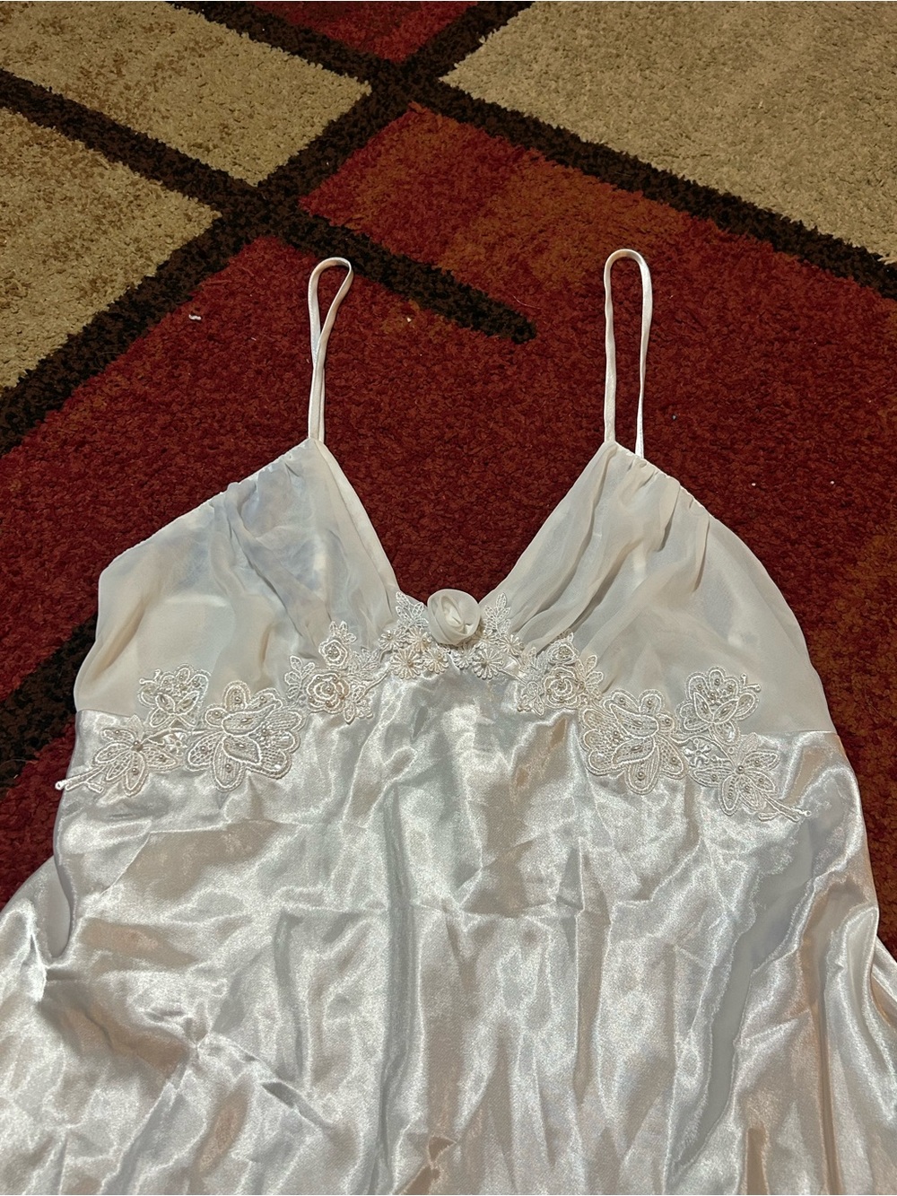 Satin Lace-Trim Ivory Chemise with Rosette Accent